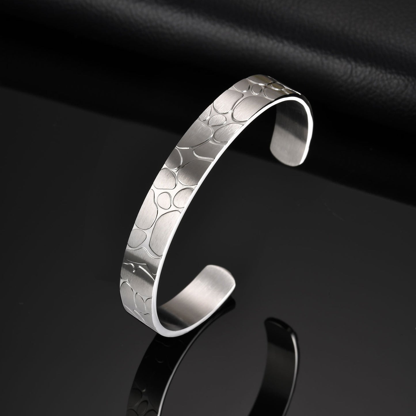 Kemstone Men’s Stainless Steel Cuff Bracelet – Silver Textured Open Bangle B-735