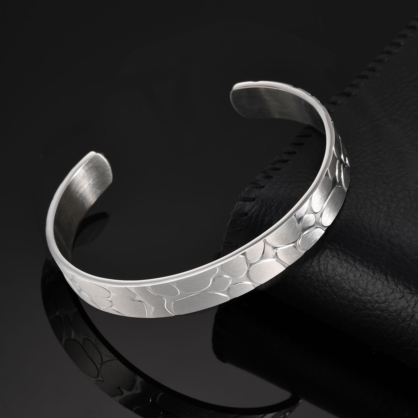 Kemstone Men’s Stainless Steel Cuff Bracelet – Silver Textured Open Bangle B-735