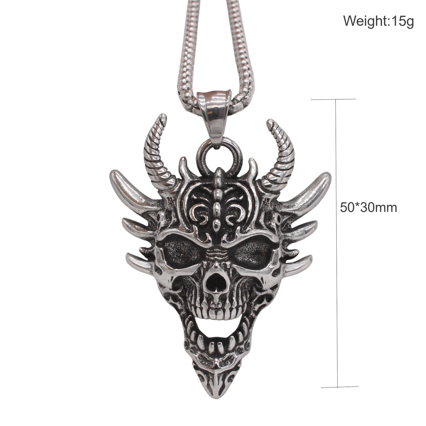 Kemstone Titanium Steel Skull Pendant Necklace – Vintage Gothic Horn Design for Men P1506