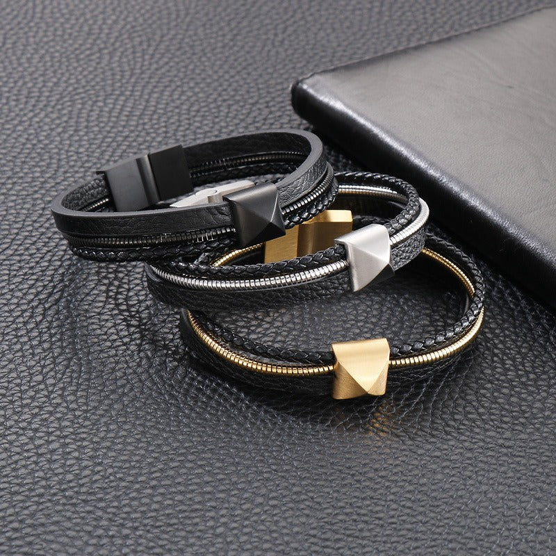 Kemstone Men’s Titanium Steel Leather Bracelet – Gold Snake Chain Wristband KB147381