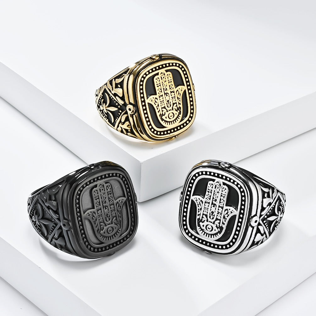 Kemstone Men’s Stainless Steel Hamsa Hand Ring – Vintage Protection Jewelry K-R904