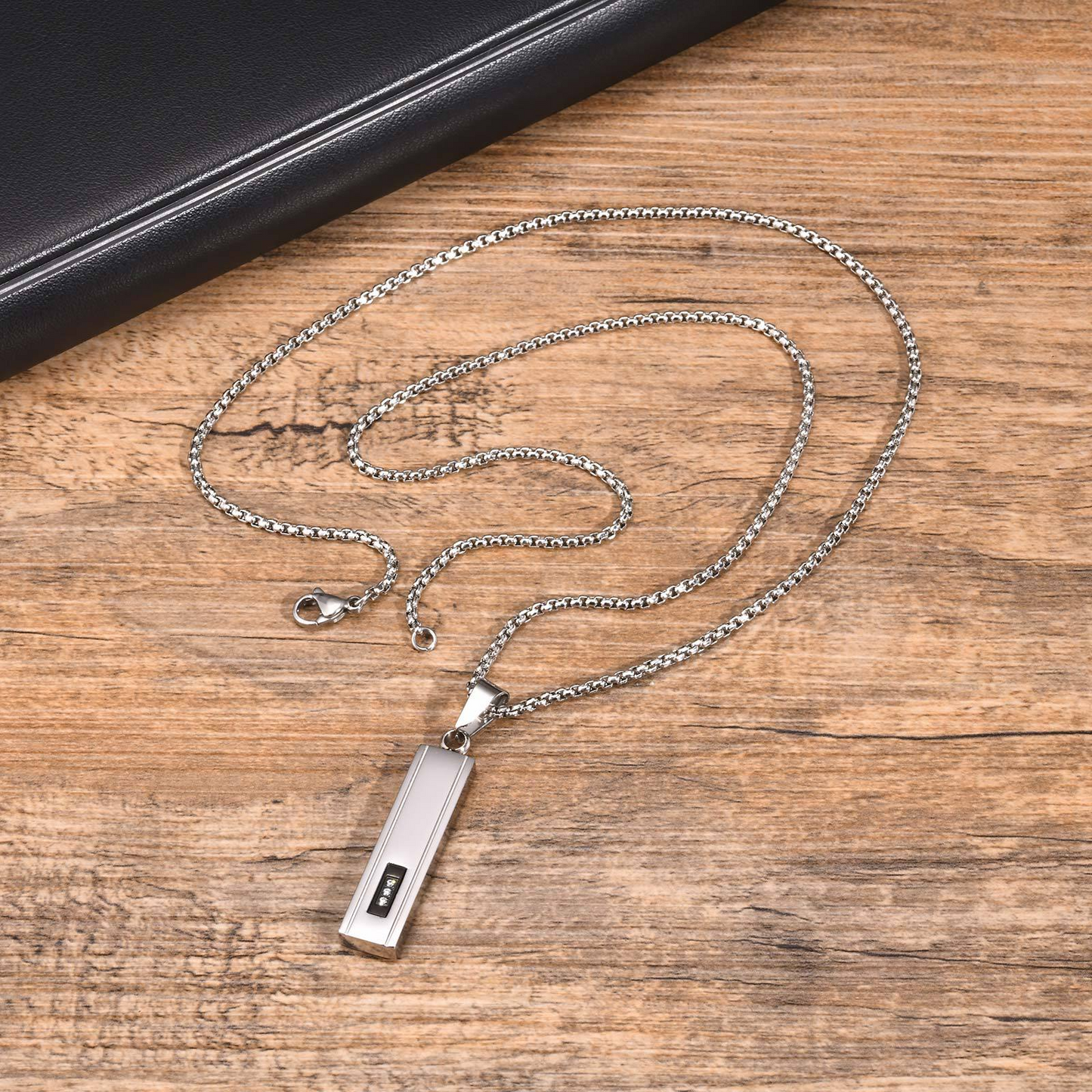 Kemstone Stainless Steel Cubic Zirconia Bar Pendant Necklace for Men PN2043