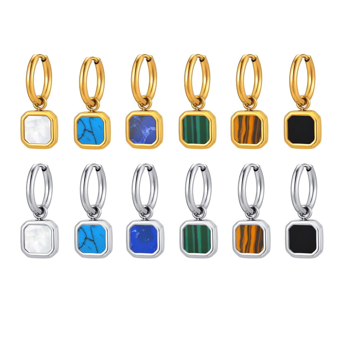 Kemstone Men & Women’s Stainless Steel Square Drop Earrings – Shell, Tiger Eye, Malachite ED-936