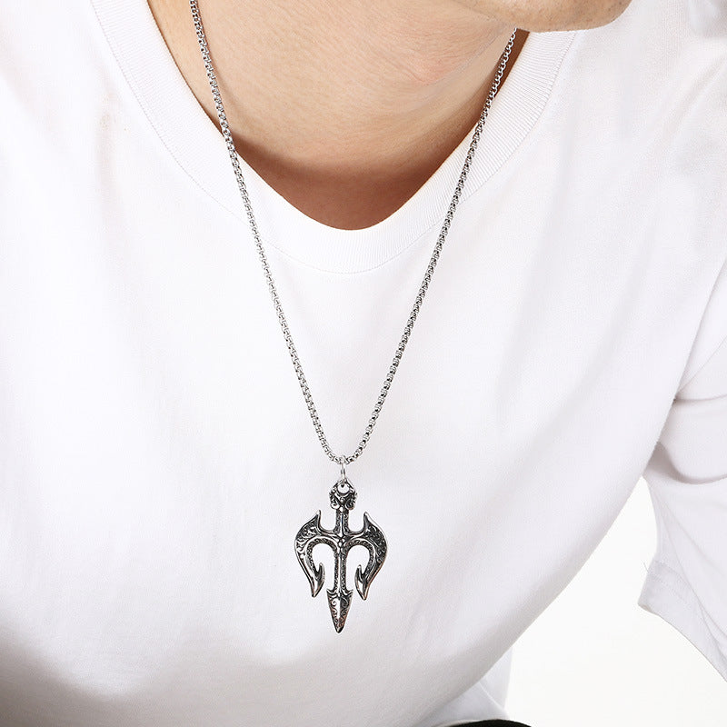 Kemstone Trident Pendant Necklace Titanium Steel Dagger Tribal Design for Men Silver KP117036-LU