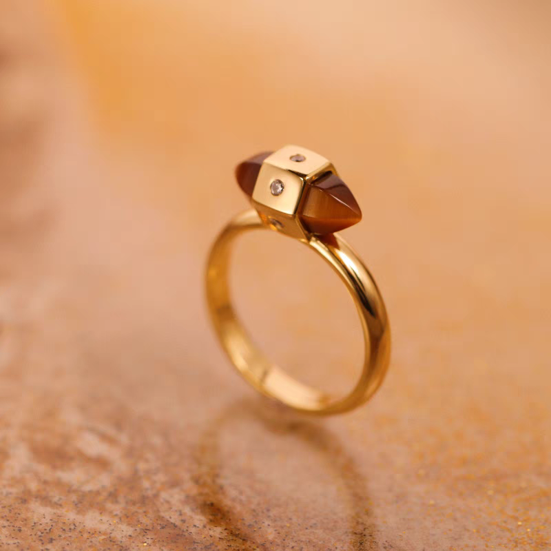 Anillo de ojo de tigre de plata de ley 925 bañado en oro con circonita cúbica, diseño original "Anillos Luminosos", hecho a mano, estilo vintage, hecho a mano, con diseño minimalista francés para mujer.