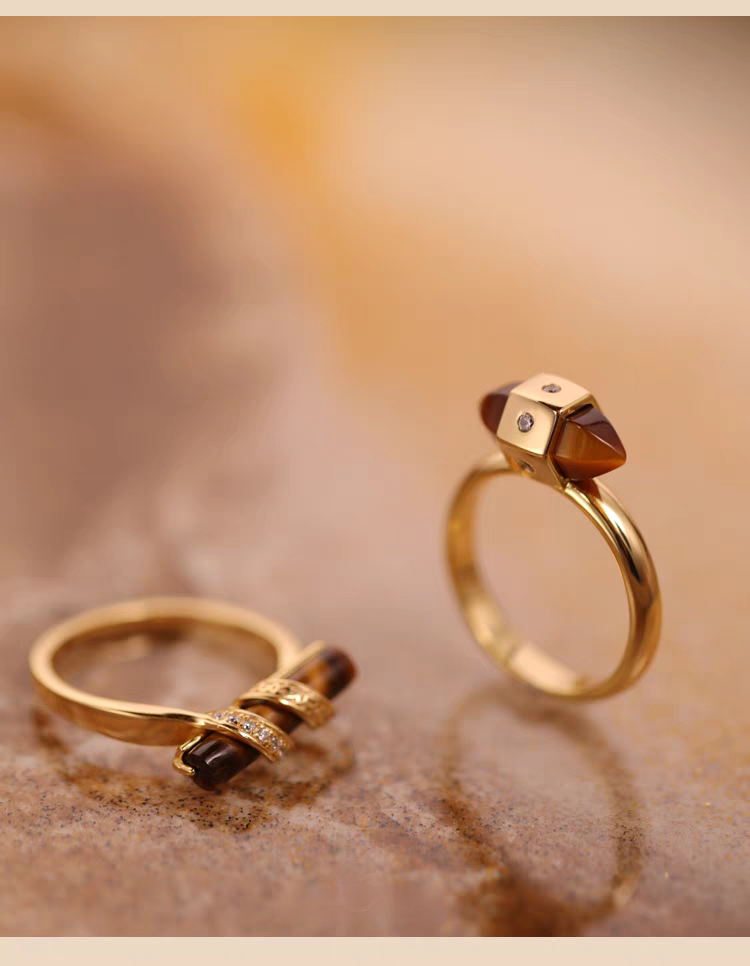 Anillo de ojo de tigre de plata de ley 925 bañado en oro con circonita cúbica, diseño original "Anillos Luminosos", hecho a mano, estilo vintage, hecho a mano, con diseño minimalista francés para mujer.