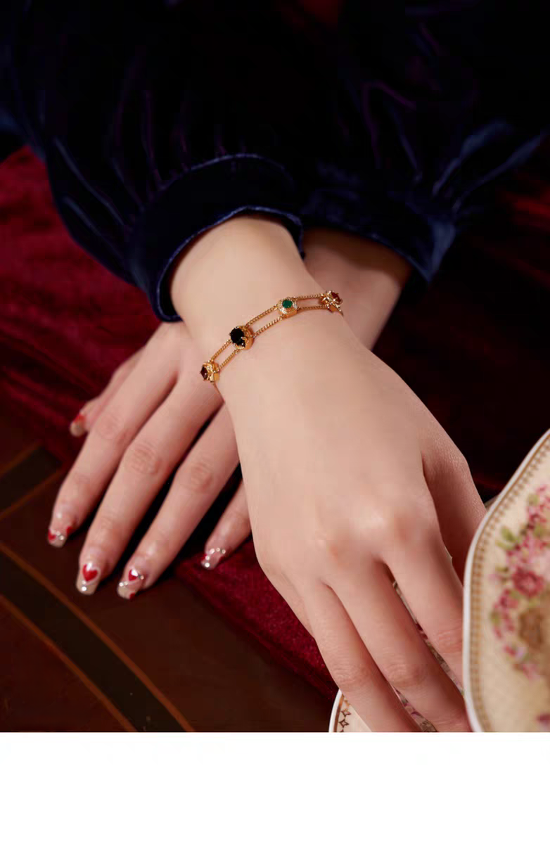 Pulsera de doble capa con múltiples gemas, estilo occidental, hecha a mano por Kemstone, diseño original, plata de ley 925, chapada en oro, ajustable.