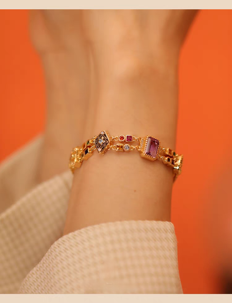 Pulsera Kemstone con piedras preciosas de inspiración victoriana: plata de ley 925, chapada en oro, diseño vintage de doble capa EMB-24519