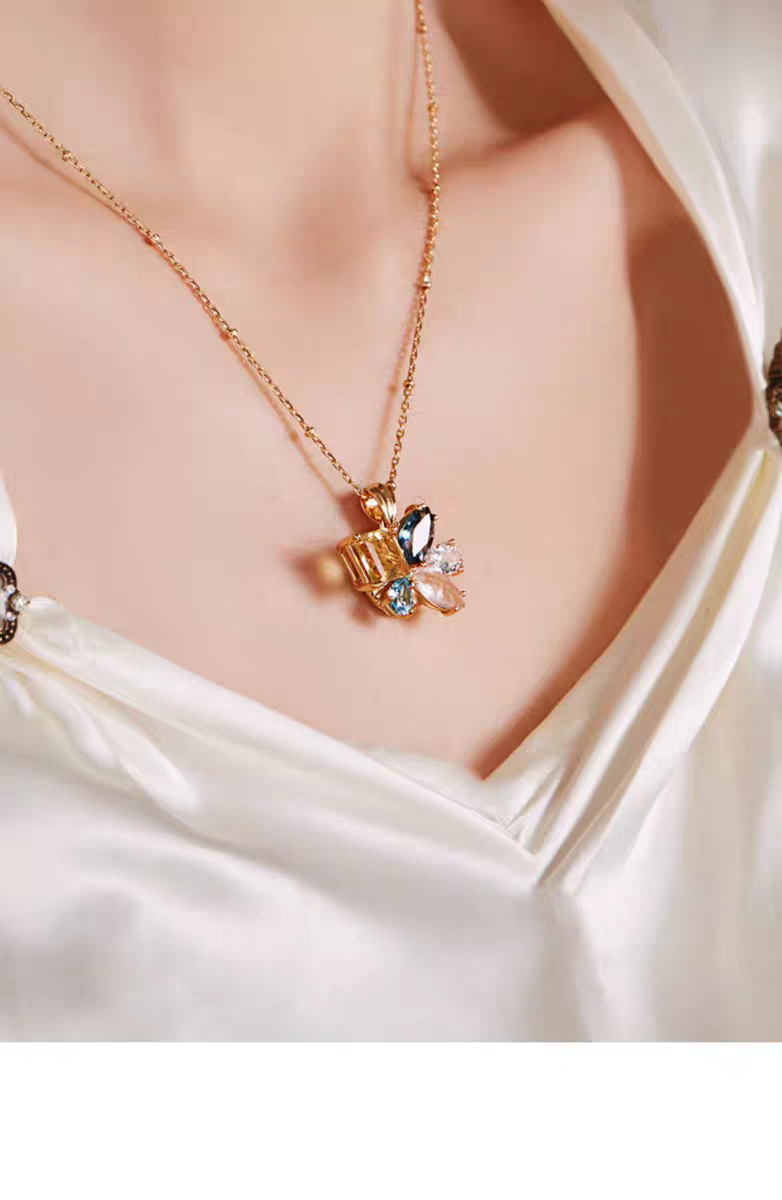 Collar de piedras preciosas radiantes de diseño original artesanal de Kemstone: collar vintage floral de plata de ley 925 con citrino, topacio, cuarzo y cuarzo rosa. Un regalo de lujo.