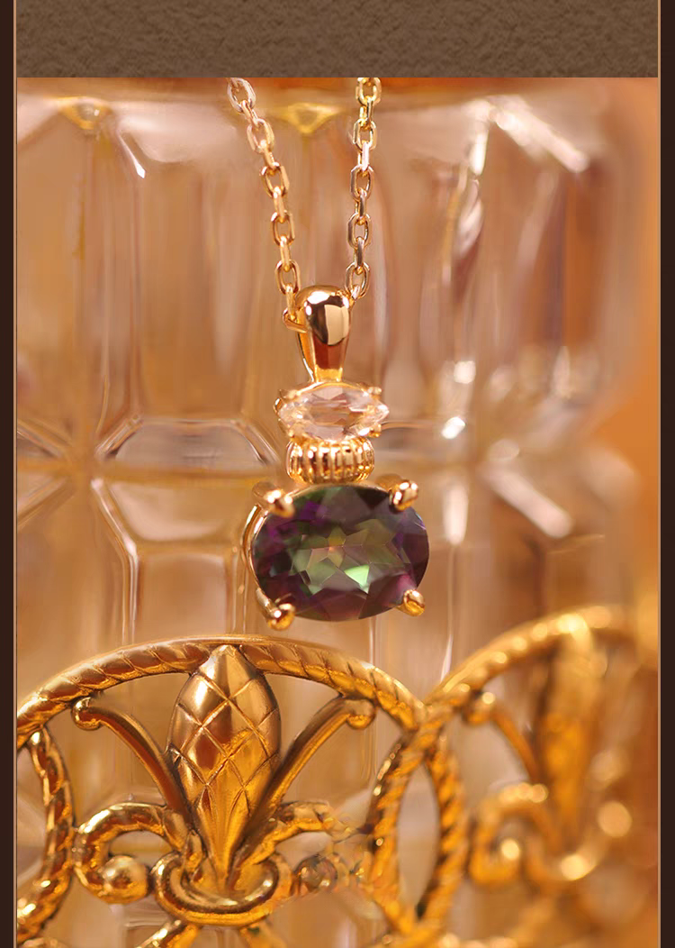 Collar artesanal de Kemstone con frasco de perfume de Proust, diseño original. Colgante vintage original de topacio multicolor en plata de ley 925. Cadena ajustable con piedras preciosas para clavícula.