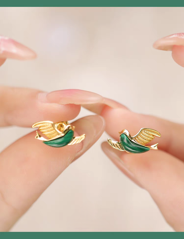 Kemstone Emerald Bird Earrings – 925 Sterling Silver, Natural Malachite Studs, Symbol of Freedom & Renewal