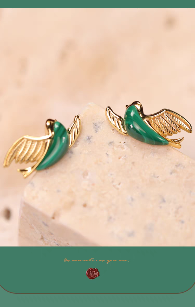 Kemstone Emerald Bird Earrings – 925 Sterling Silver, Natural Malachite Studs, Symbol of Freedom & Renewal