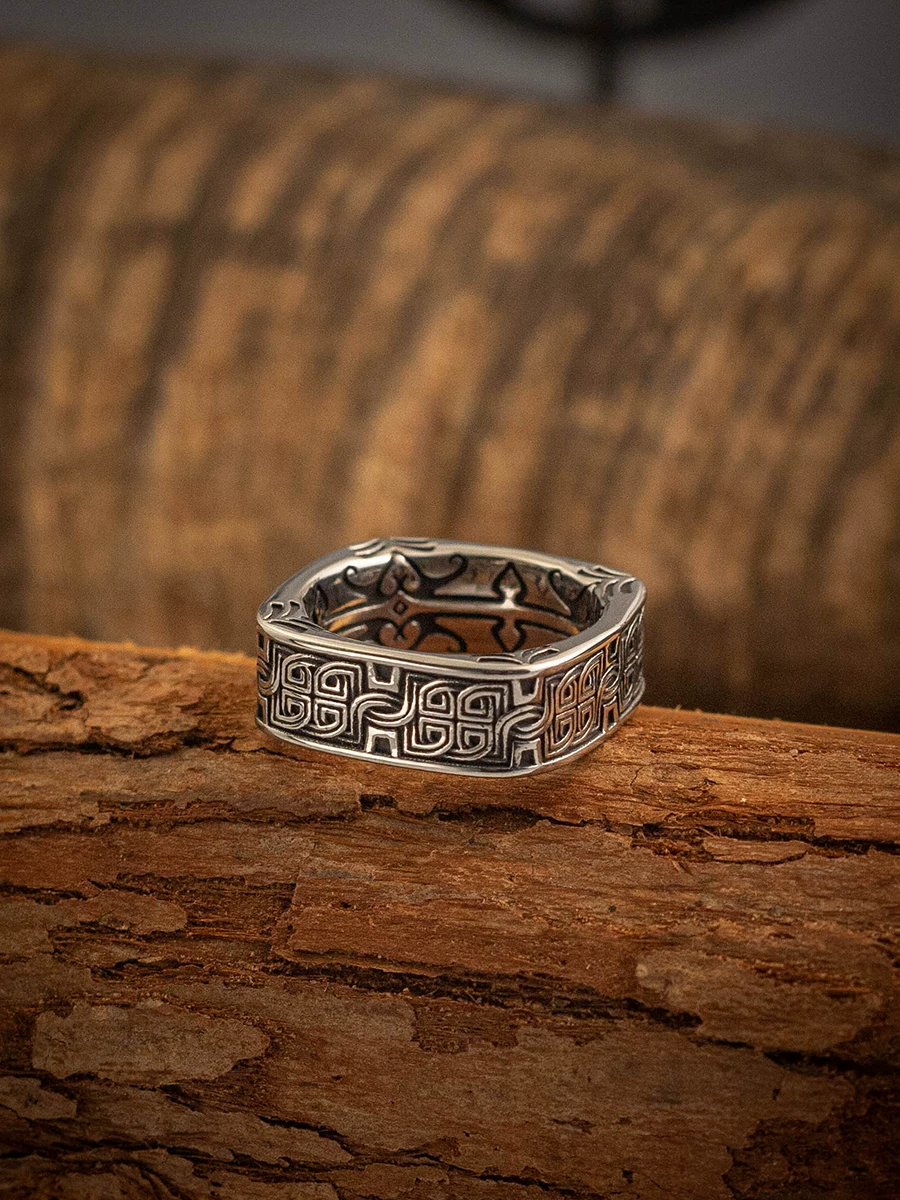 Anillo Kemstone vintage de acero inoxidable con nudo celta cuadrado para hombre – Diseño nórdico NW-A035