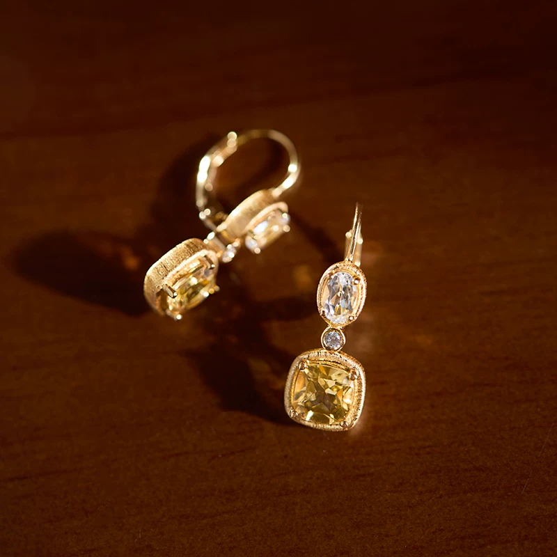 Pendientes colgantes de topacio y citrino estilo vintage Kemstone | Plata de ley 925 bañada en oro RSY-E350