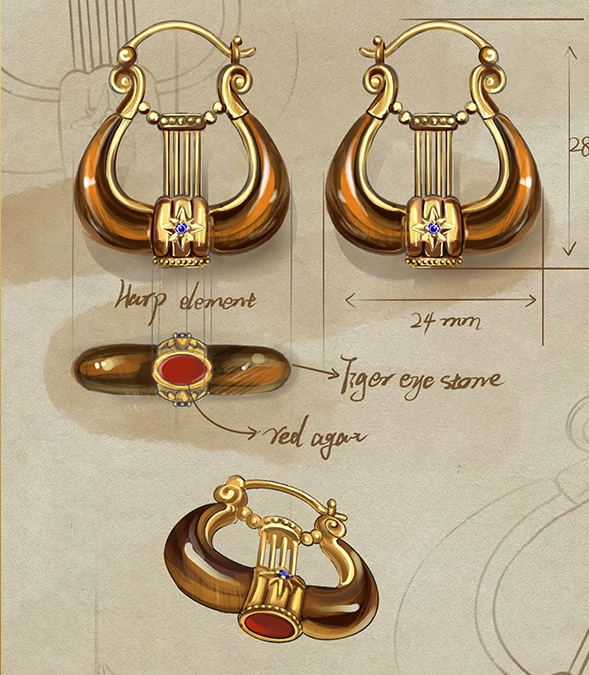 Pendientes de aro vintage Kemstone "Lyra Muse" de ojo de tigre y ágata roja, plata de ley 925 con baño de oro RSY-LLQ394