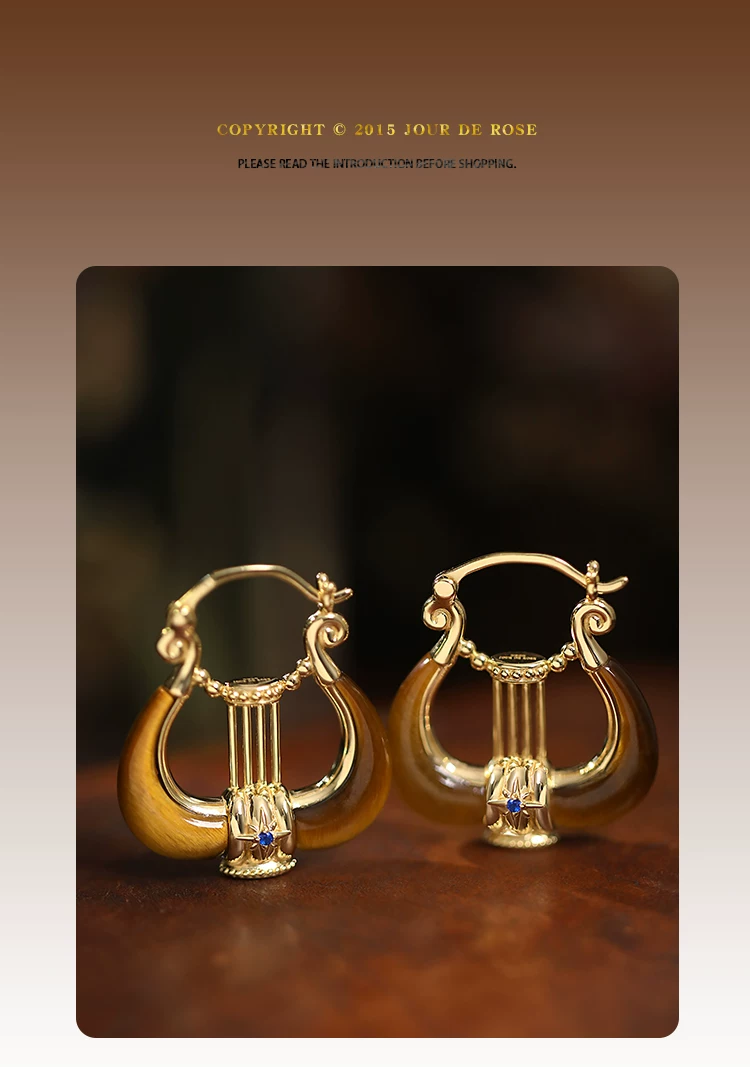 Pendientes de aro vintage Kemstone "Lyra Muse" de ojo de tigre y ágata roja, plata de ley 925 con baño de oro RSY-LLQ394