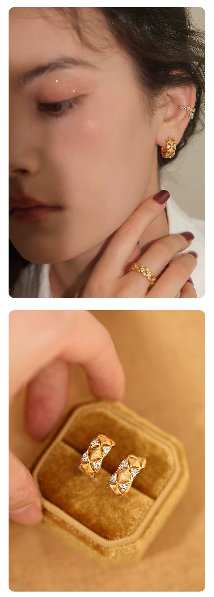 Pendientes de aro vintage estilo italiano de plata de ley 925 bañados en oro para mujer con circonita blanca NWE-0512286