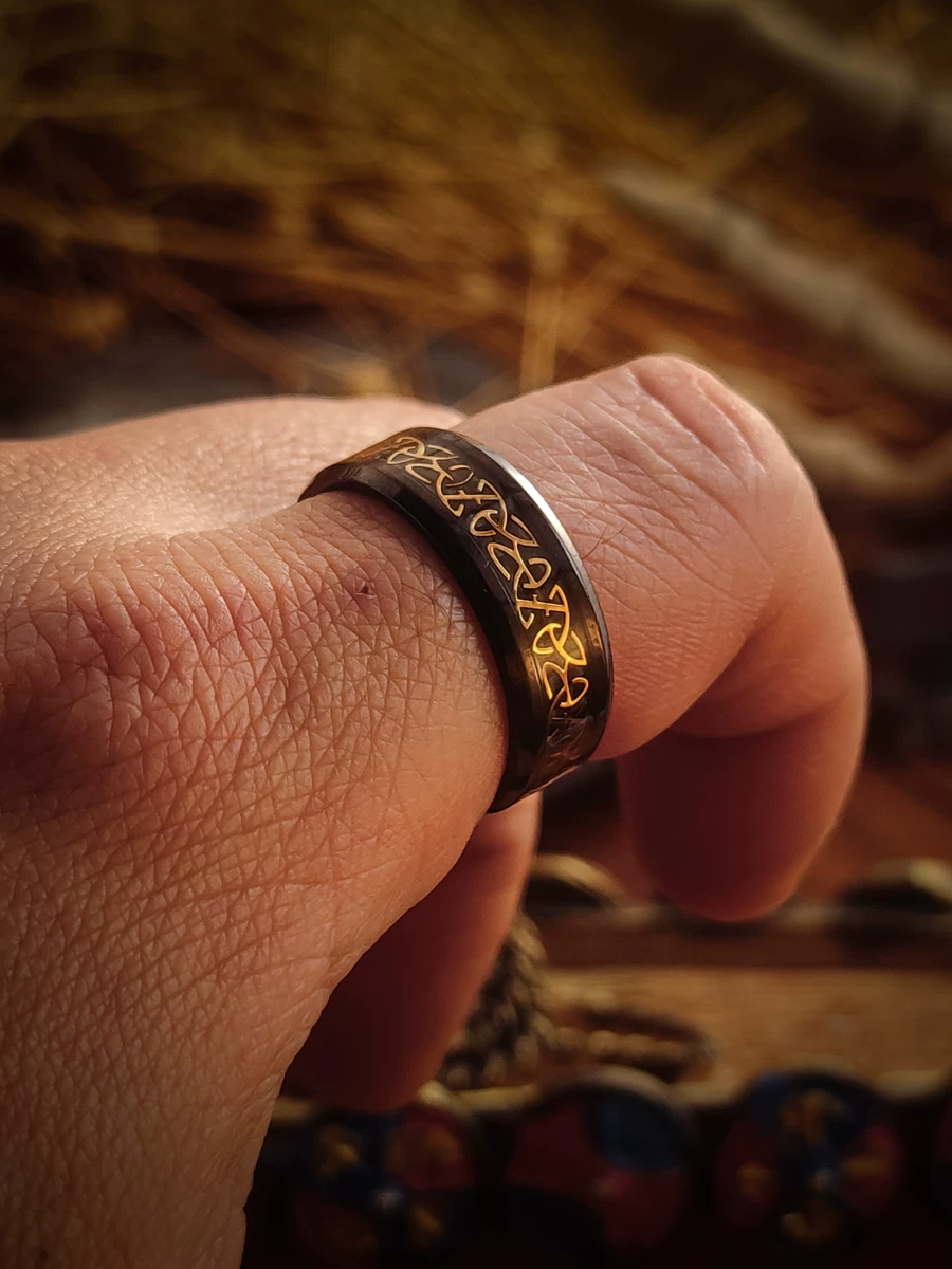 Kemstone Celtic Triquetra Black Gold Ring – 8mm Titanium Steel Men’s Band with Spiritual Symbol NWR-051532