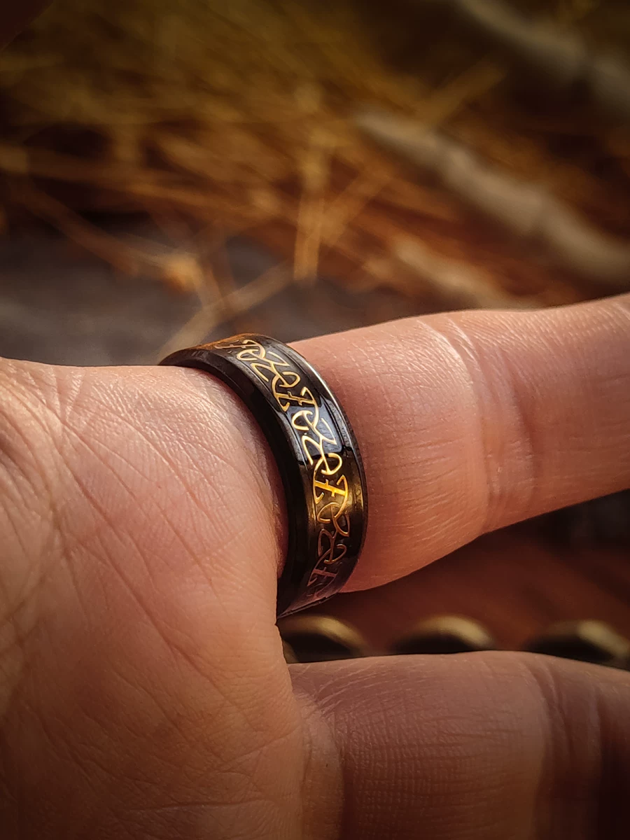 Kemstone Celtic Triquetra Black Gold Ring – 8mm Titanium Steel Men’s Band with Spiritual Symbol NWR-051532