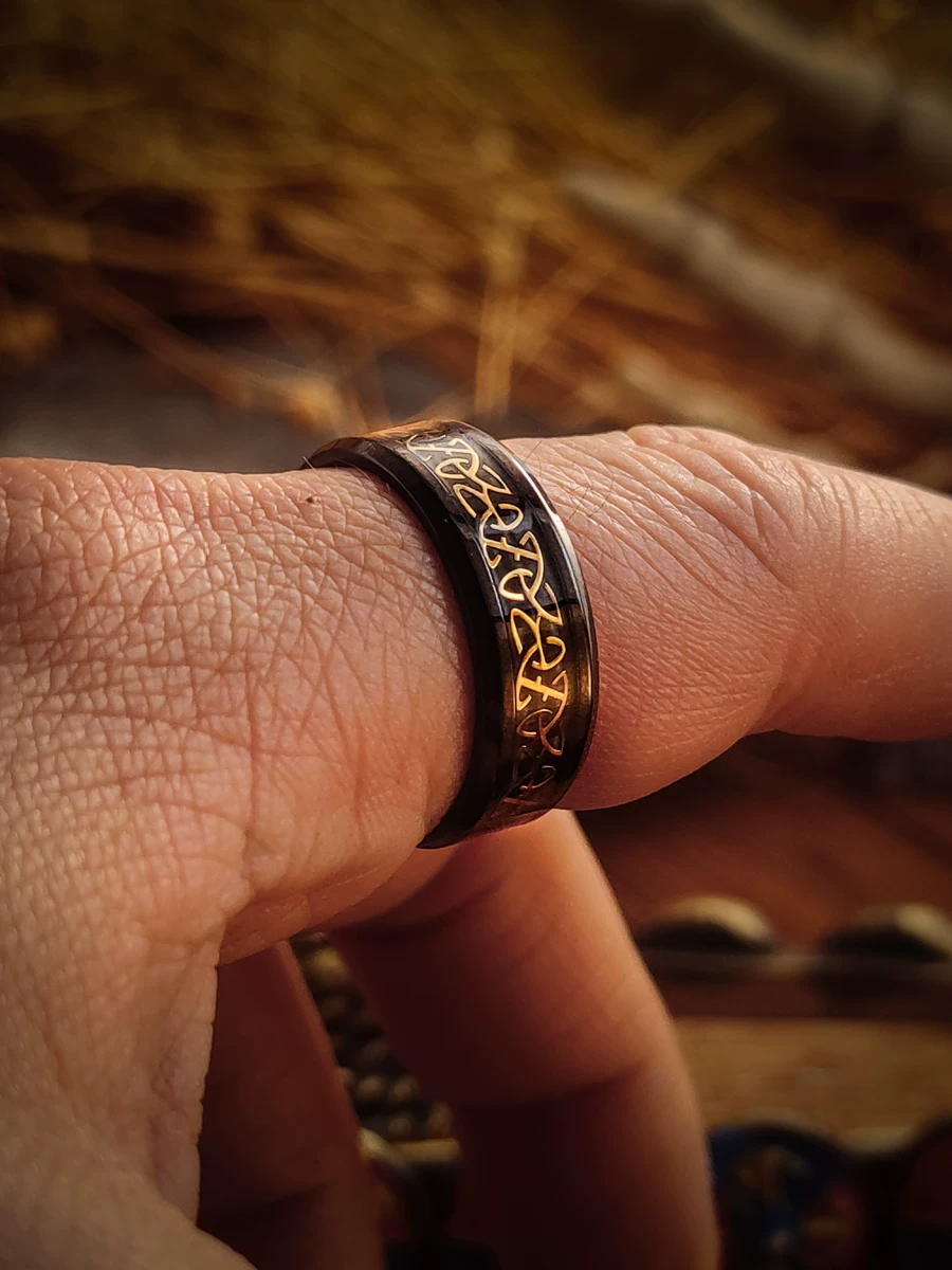 Kemstone Celtic Triquetra Black Gold Ring – 8mm Titanium Steel Men’s Band with Spiritual Symbol NWR-051532