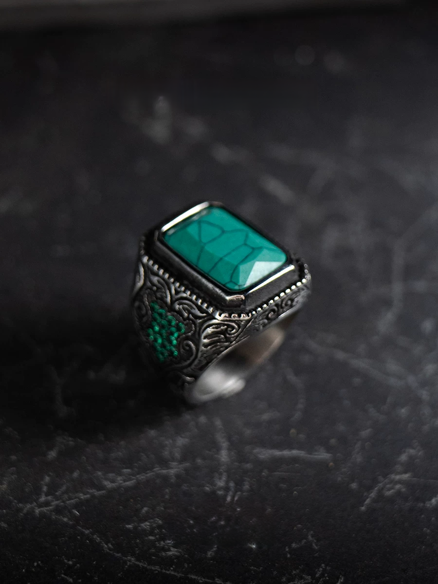 Kemstone Emerald Valor Titanium Steel Men’s Ring – Medieval Green Stone with Zirconia Accents