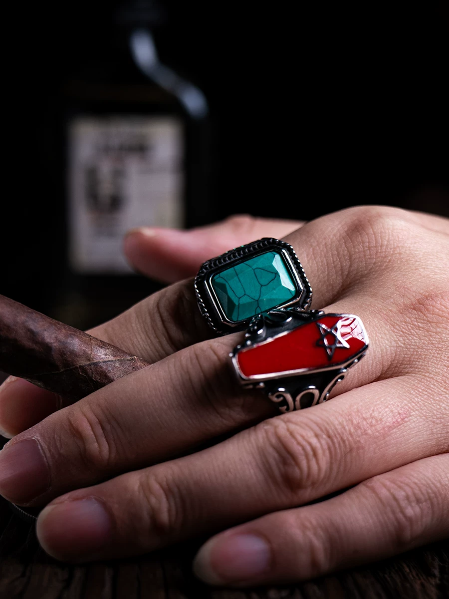 Kemstone Emerald Valor Titanium Steel Men’s Ring – Medieval Green Stone with Zirconia Accents