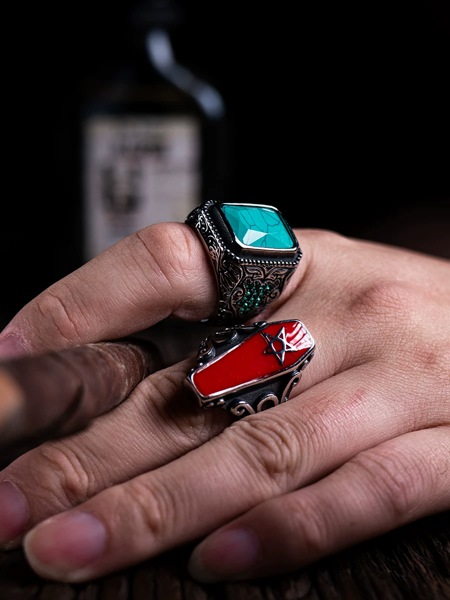 Kemstone Emerald Valor Titanium Steel Men’s Ring – Medieval Green Stone with Zirconia Accents