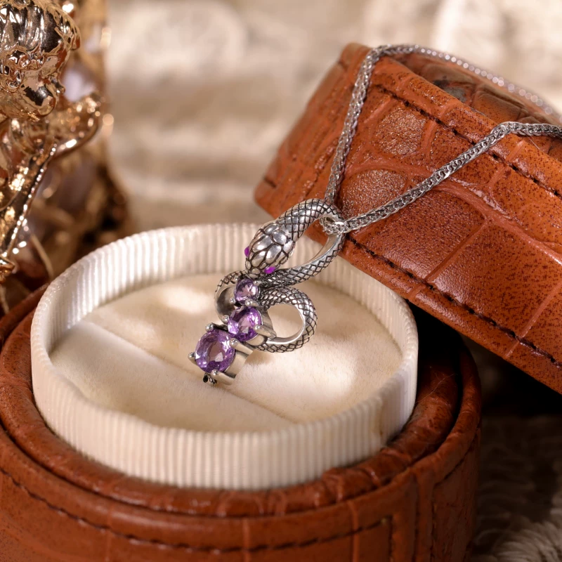 Colgante de serpiente de amatista vintage de plata de ley Kemstone para mujer | Joyería gótica de brujería EMN-519224