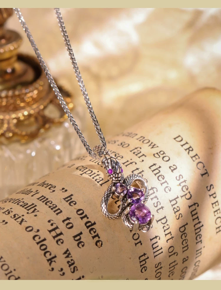 Colgante de serpiente de amatista vintage de plata de ley Kemstone para mujer | Joyería gótica de brujería EMN-519224