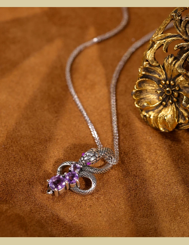 Colgante de serpiente de amatista vintage de plata de ley Kemstone para mujer | Joyería gótica de brujería EMN-519224