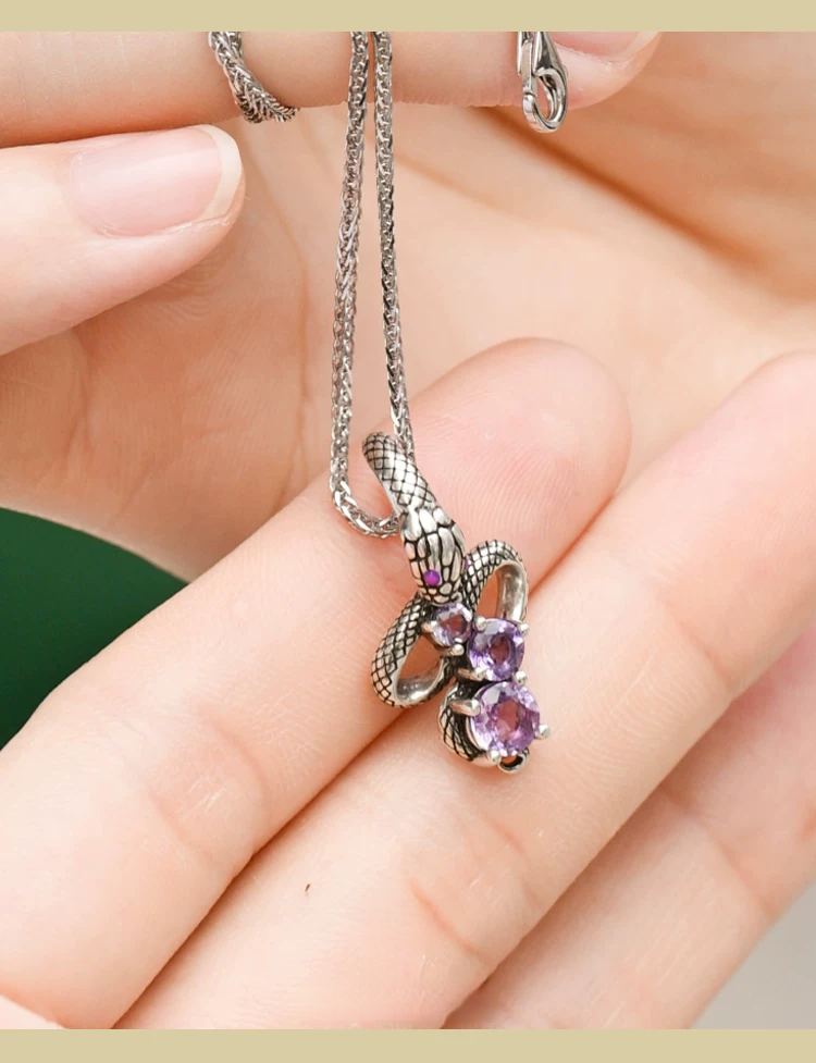 Colgante de serpiente de amatista vintage de plata de ley Kemstone para mujer | Joyería gótica de brujería EMN-519224