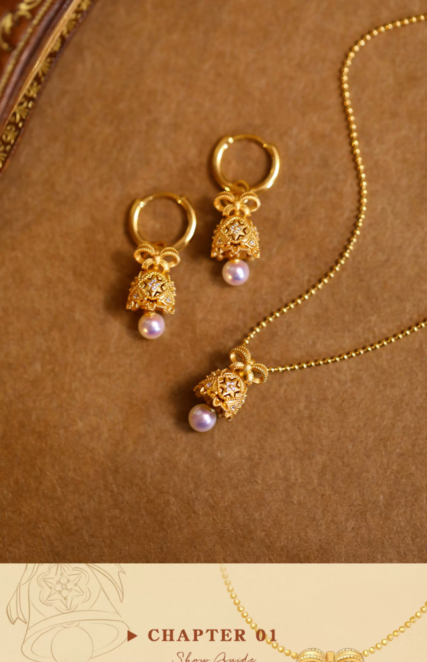 Collar con colgante de perla Kemstone "La Campana de los Deseos" – Oro vermeil de 18 quilates sobre plata de ley, perla de agua dulce y circón blanco | Joyería de inspiración vintage para mujer RSY-NES355