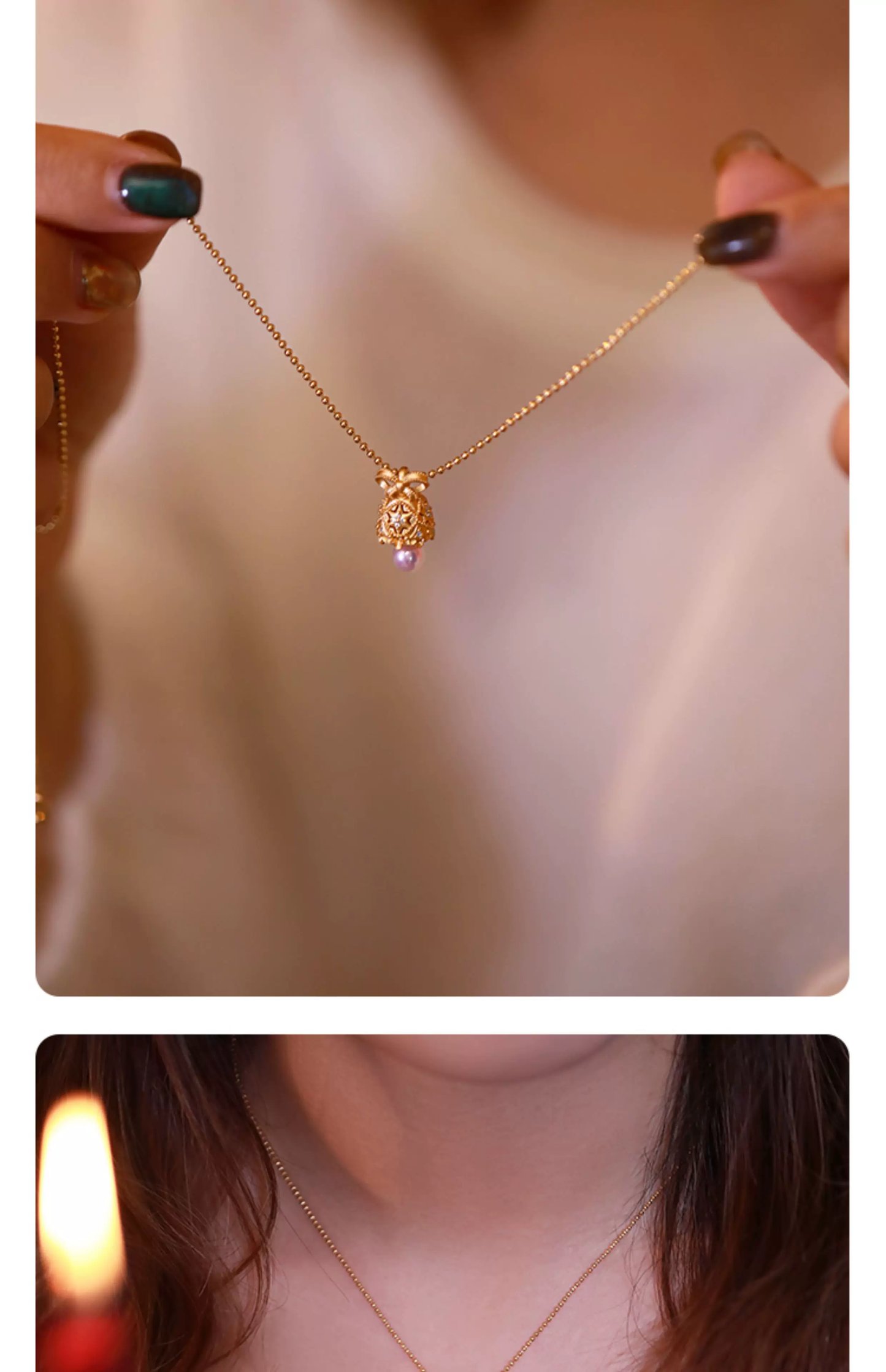 Collar con colgante de perla Kemstone "La Campana de los Deseos" – Oro vermeil de 18 quilates sobre plata de ley, perla de agua dulce y circón blanco | Joyería de inspiración vintage para mujer RSY-NES355