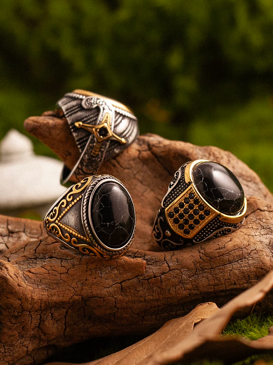Kemstone Divine Protector Ring – Black Gold Titanium Steel Men's Statement Ring with Sword Engravings NWR-520552
