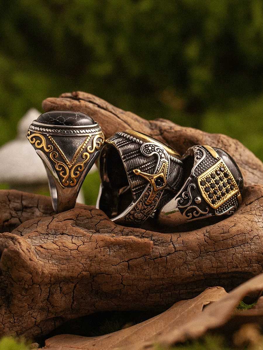 Kemstone Divine Protector Ring – Black Gold Titanium Steel Men's Statement Ring with Sword Engravings NWR-520552