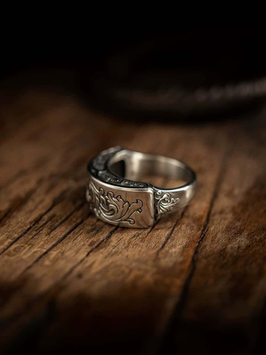 Kemstone Dark Botanical Ring – Titanium Steel Vine Whisper Band for Men, Gothic Nature Carving NWR-528038