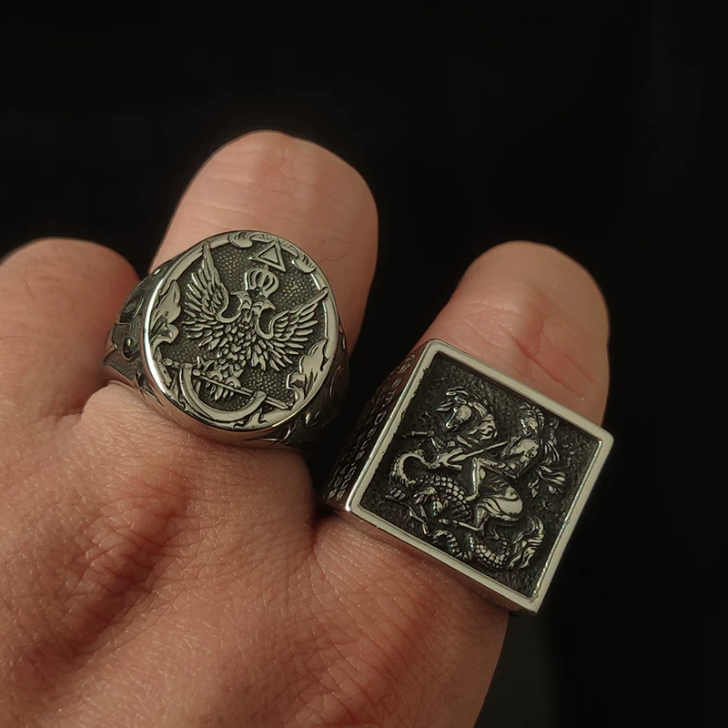 Kemstone Constantine Byzantine Double-Headed Eagle Signet Ring – Titanium Steel NWR-530408