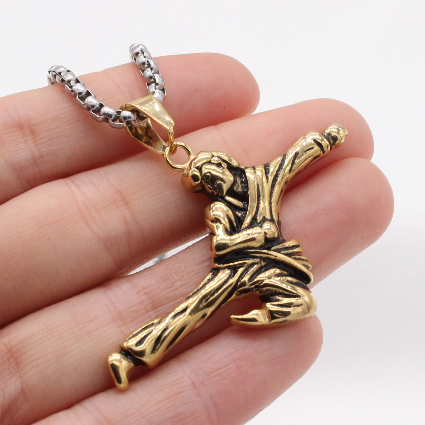 Kemstone Stainless Steel Kung Fu Figure Pendant Necklace for Men Dynamic Pose Martial Arts Design P1383
