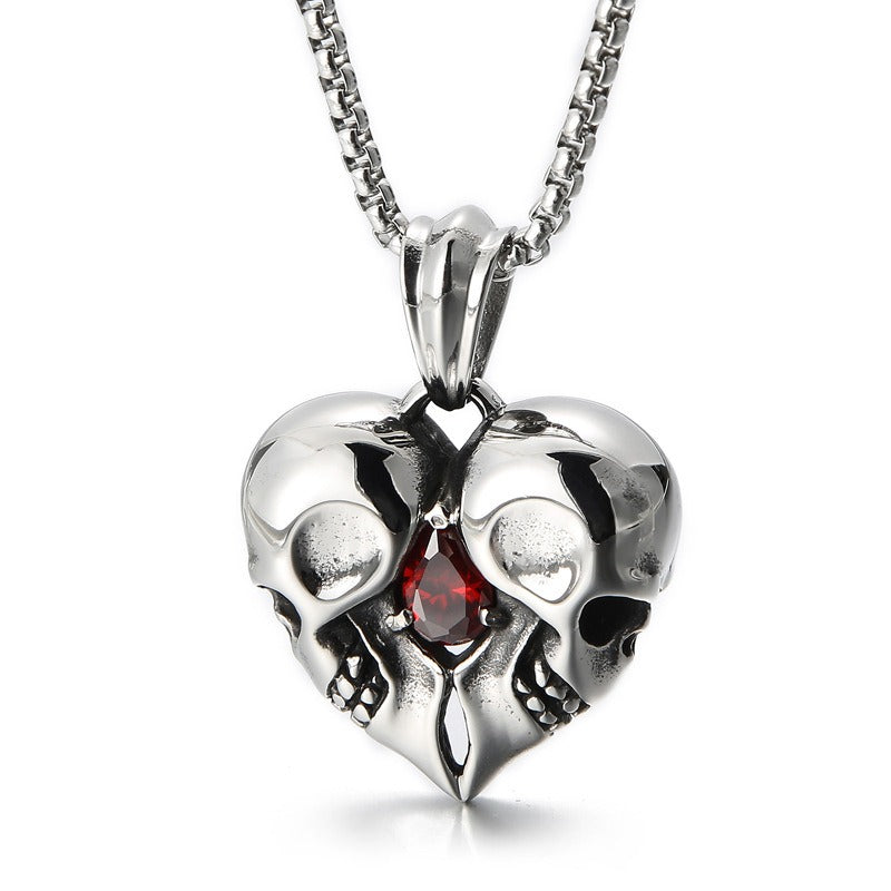 Kemstone Titanium Steel Skull Heart Necklace – Gothic Red Zircon Pendant KP98350