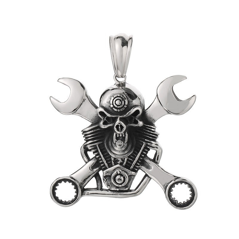 Kemstone Titanium Steel Skull Pendant Necklace – Mechanical Gothic Biker Jewelry for Men KP43973-BD