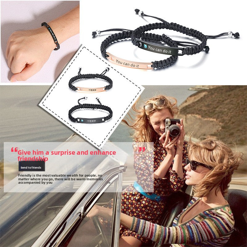 Kemstone Adjustable Couples Bracelet – Braided Rope & Stainless Steel with Zircon Accent CB-035