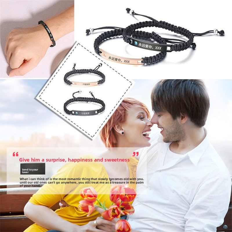 Kemstone Adjustable Couples Bracelet – Braided Rope & Stainless Steel with Zircon Accent CB-035