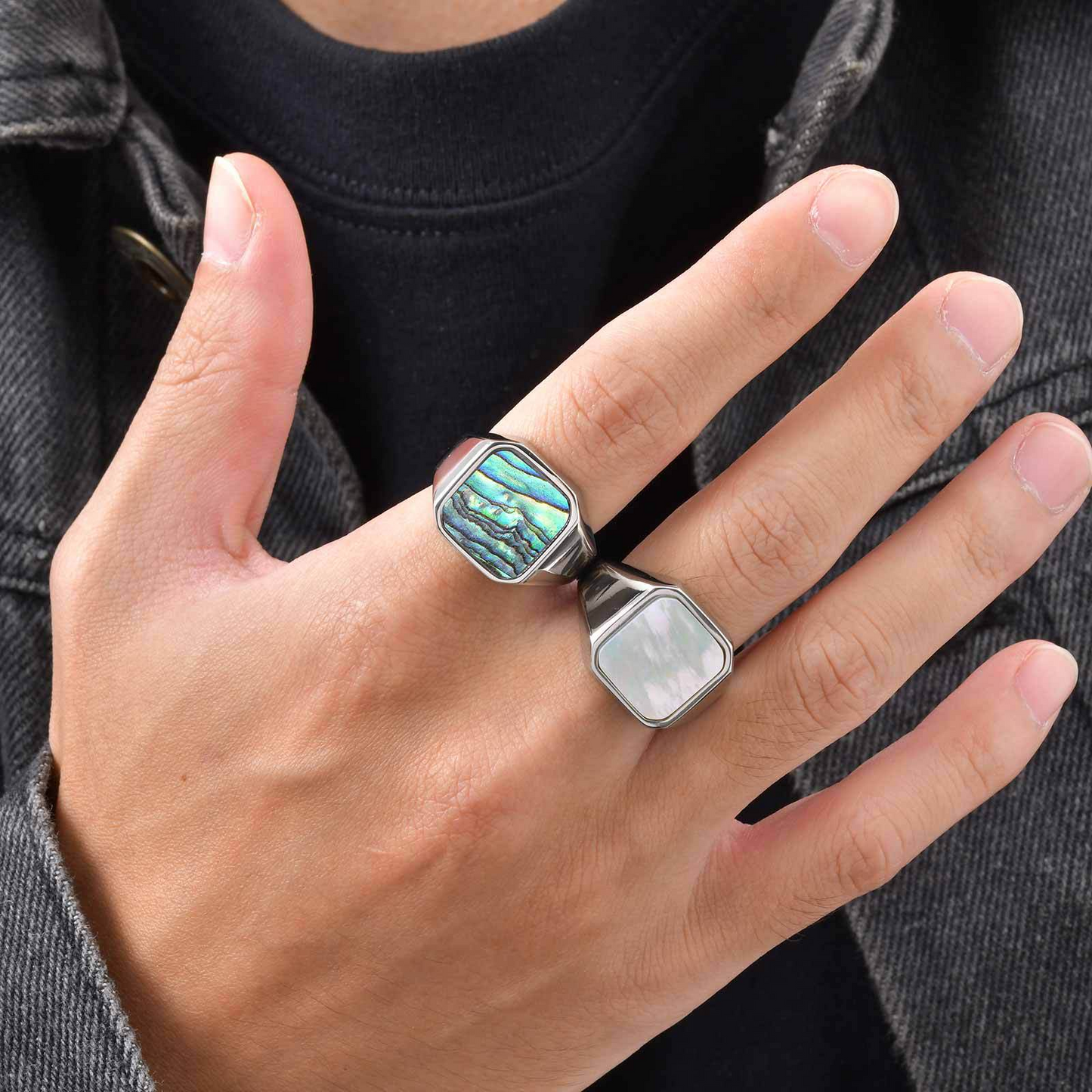 Kemstone Stainless Steel Abalone Shell Signet Ring – Natural Inlay Style for Men & Women RC-207