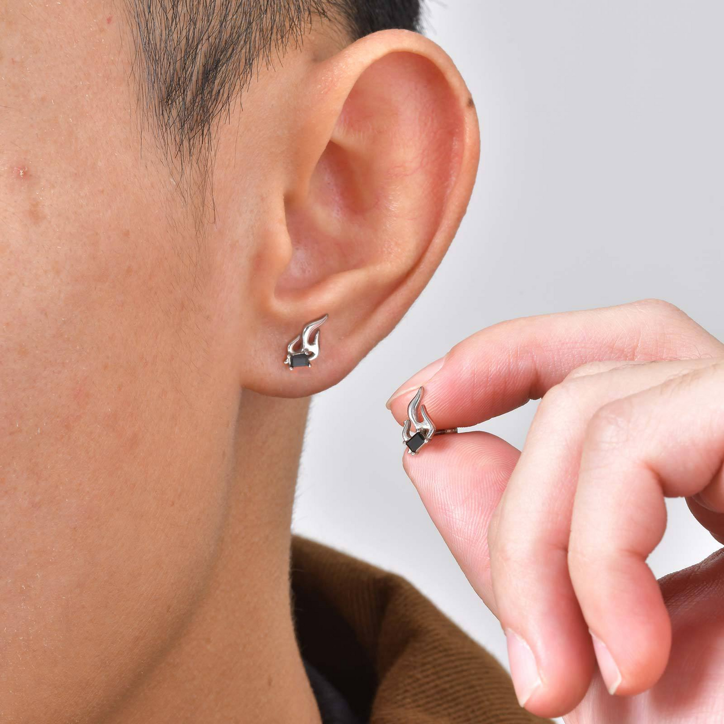 Kemstone Stainless Steel Flame Stud Earring with Black Cubic Zirconia for Men & Women ES-787S