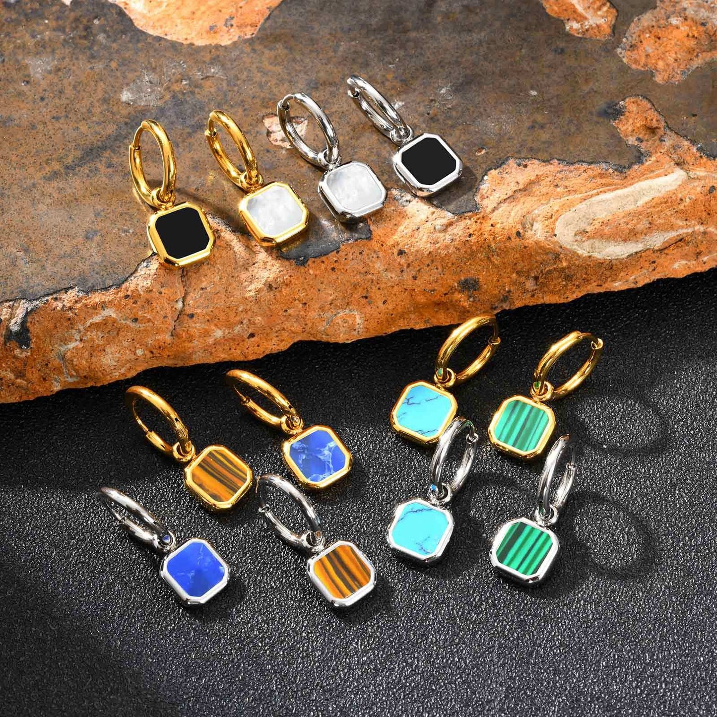 Kemstone Men & Women’s Stainless Steel Square Drop Earrings – Shell, Tiger Eye, Malachite ED-936
