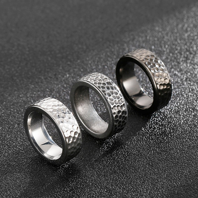 Kemstone Vintage Hammered Titanium Steel Ring for Men β Punk Matte Black or Silver KR92126-K