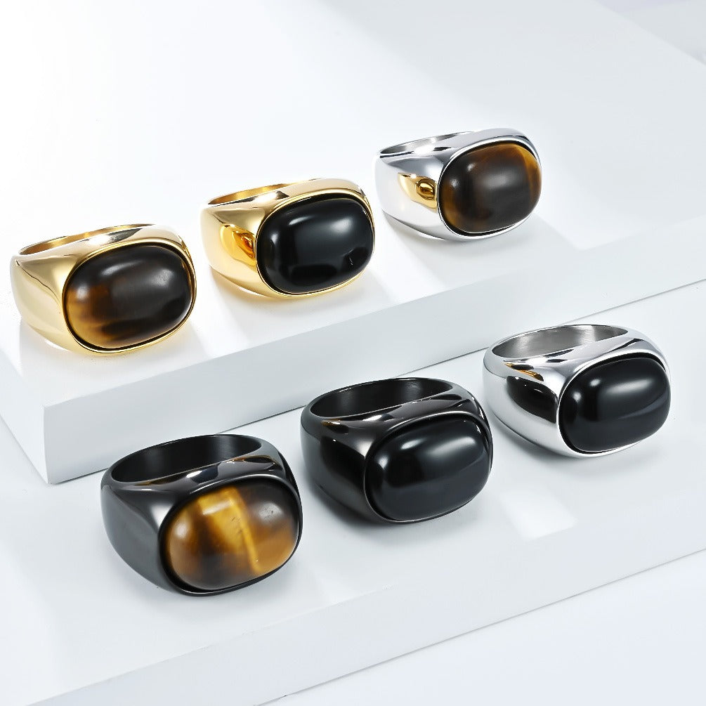 Kemstone Men’s Stainless Steel Tiger Eye Ring – Vintage Oval Gemstone Band K-R1030