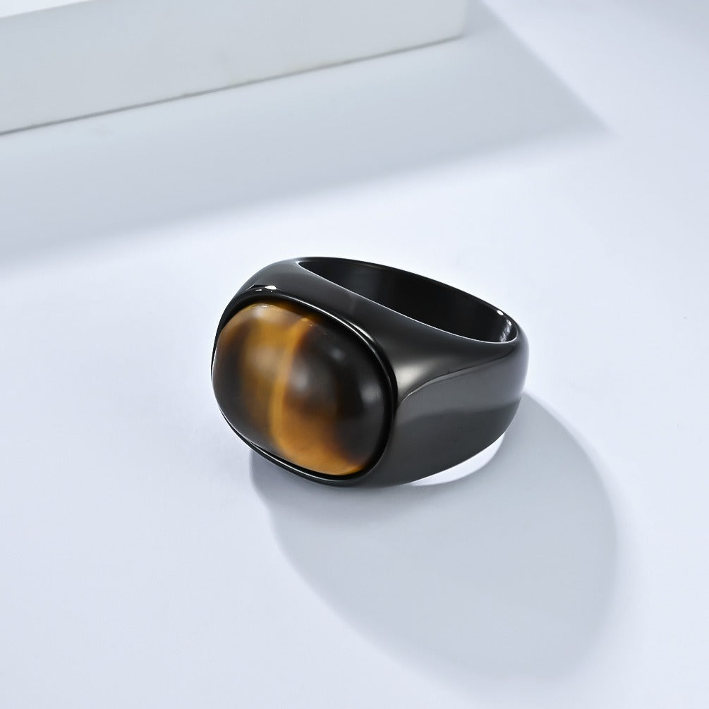 Kemstone Men’s Stainless Steel Tiger Eye Ring – Vintage Oval Gemstone Band K-R1030