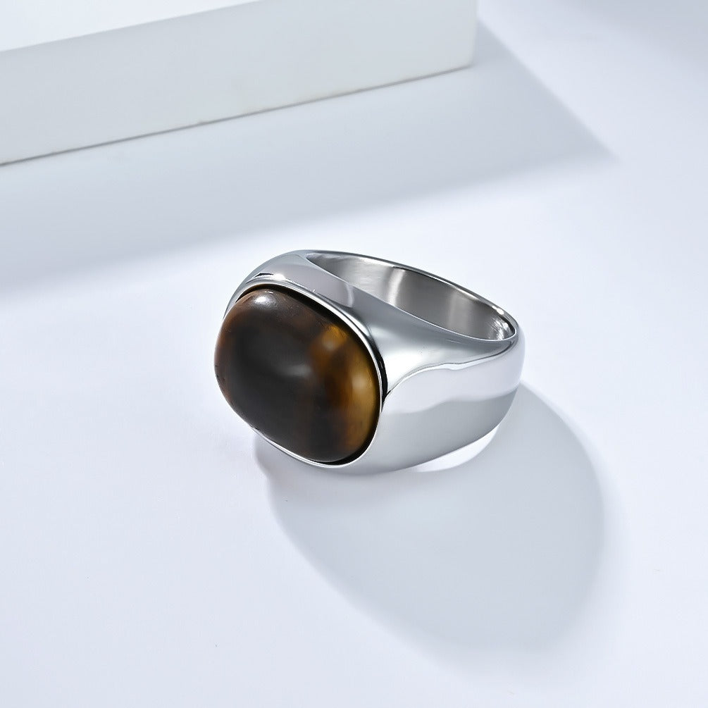 Kemstone Men’s Stainless Steel Tiger Eye Ring – Vintage Oval Gemstone Band K-R1030
