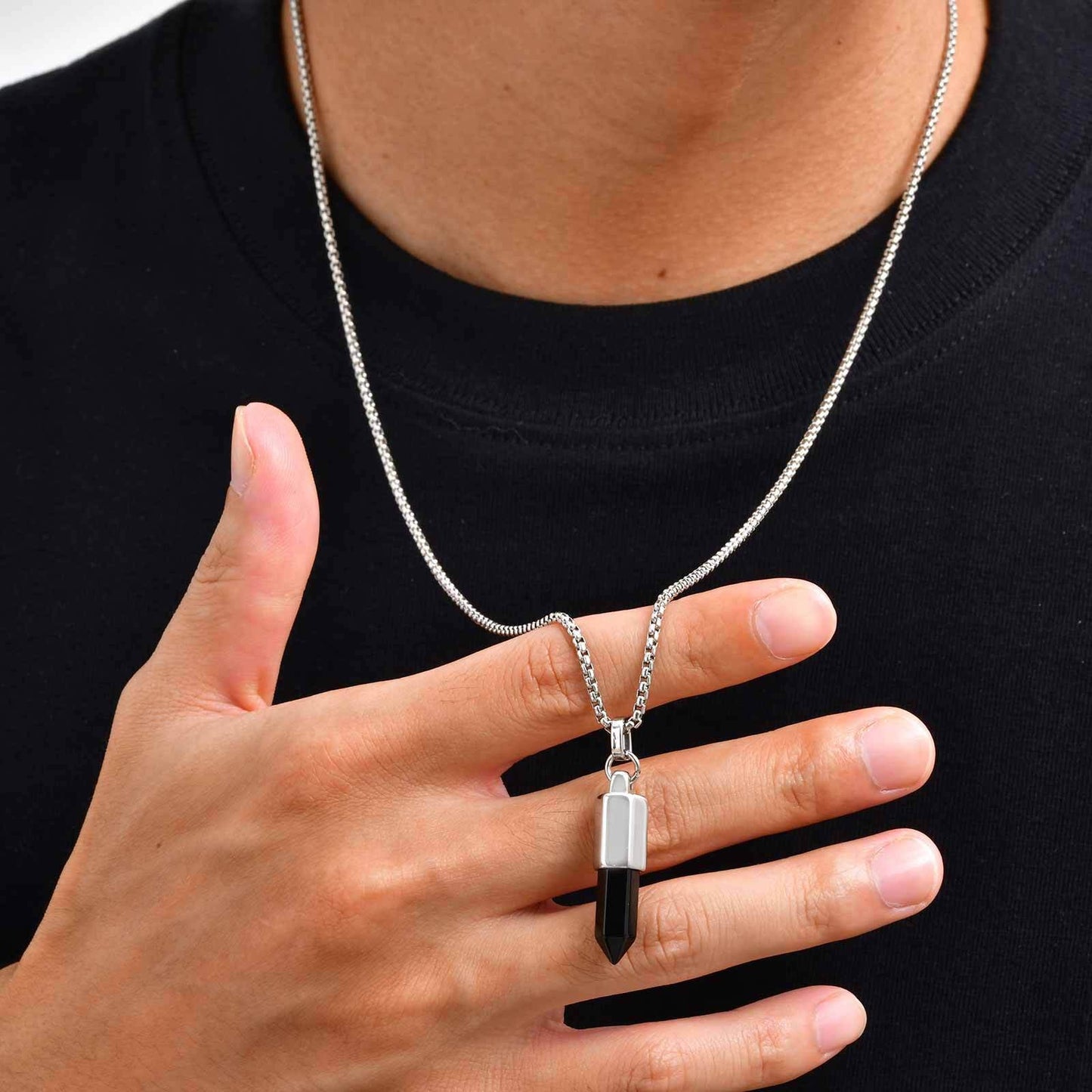 Kemstone Men’s Stainless Steel Bullet Pendant Necklace – Tiger Eye & Black Agate Minimalist Jewelry PN-2227